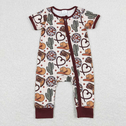 SR0973 Hat Boots Cactus Disco Print Baby Kids Summer Zipper Western Romper