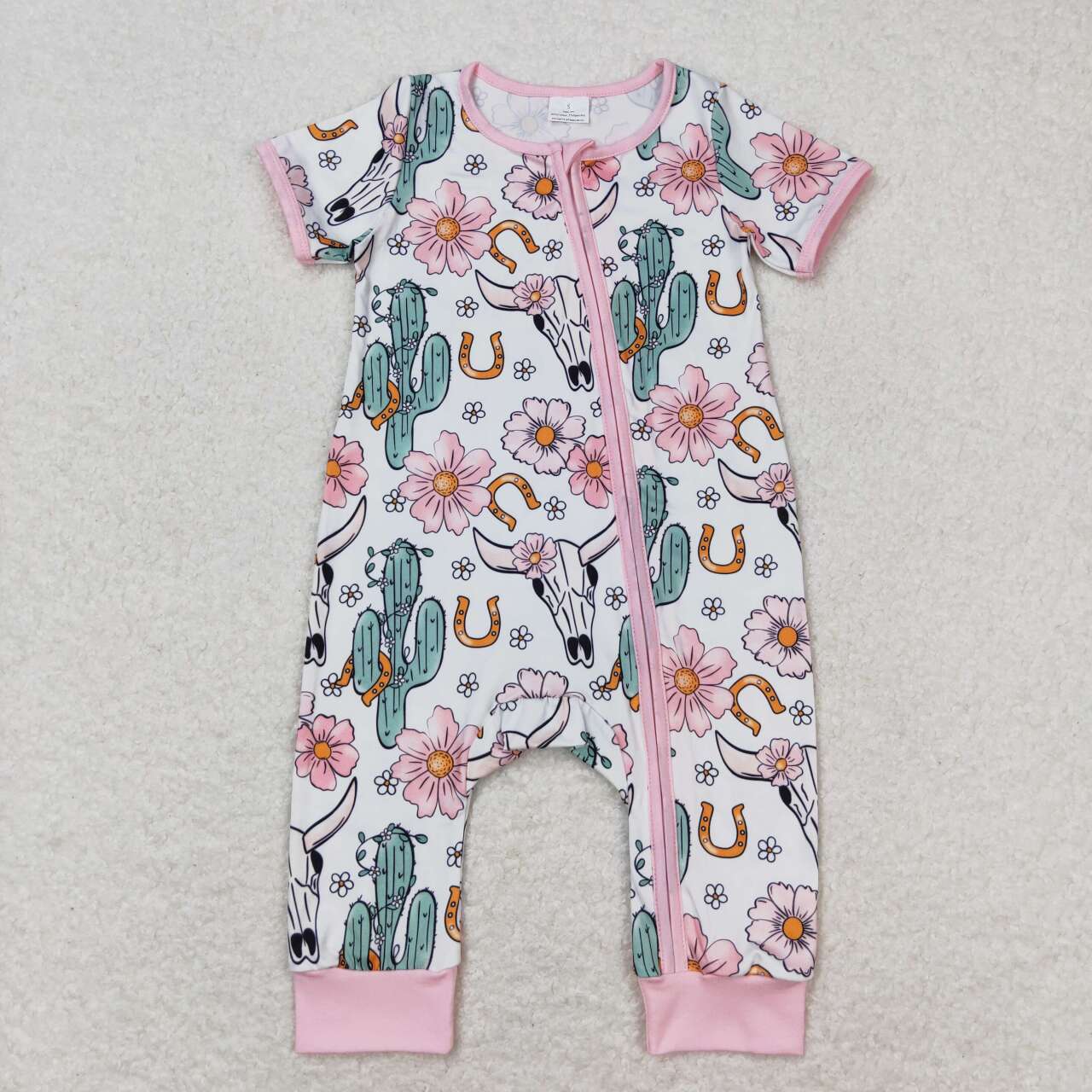 SR1109 Cow Skull Flowers Cactus Print Baby Girls Summer Zipper Western Romper