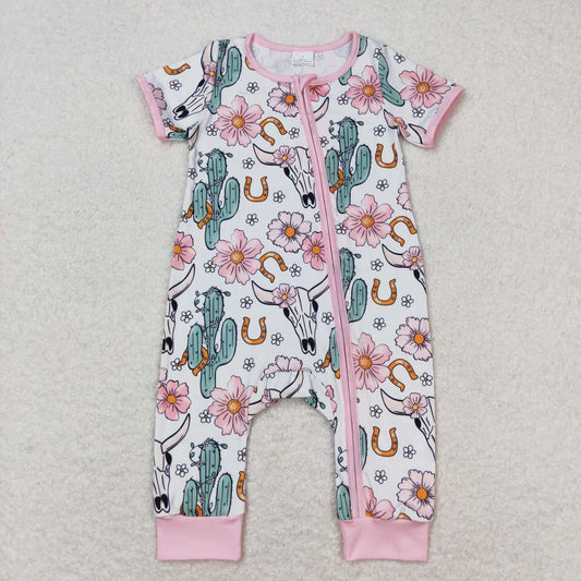 SR1109 Cow Skull Flowers Cactus Print Baby Girls Summer Zipper Western Romper