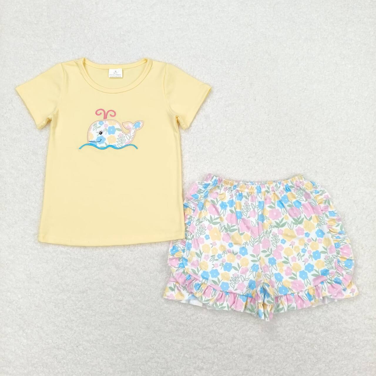 GSSO0765 Whale Embroidery Top Flowers Shorts Girls Summer Clothes Set
