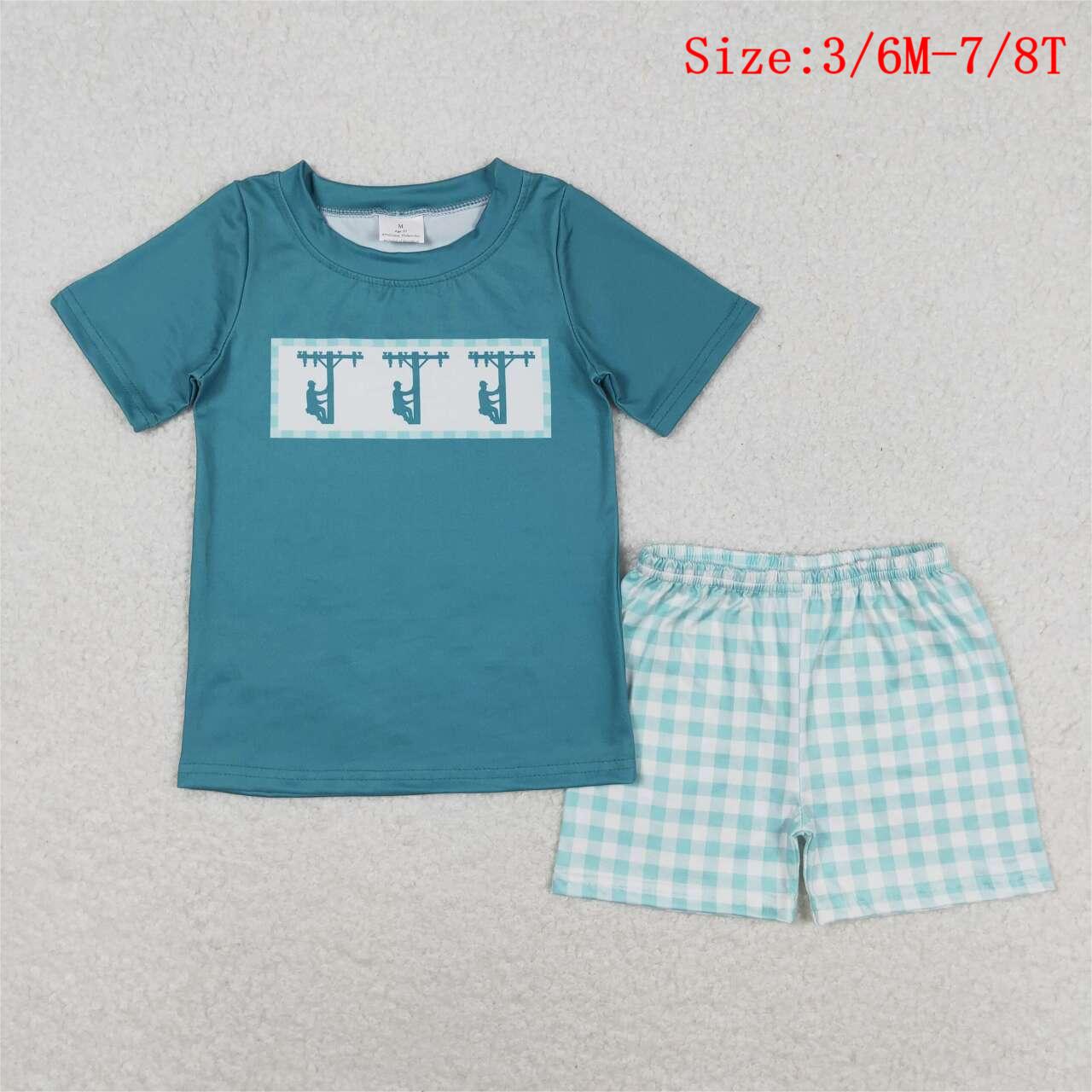 BSSO0738 Line Workers Top Plaid Shorts Boys Summer Clothes Set