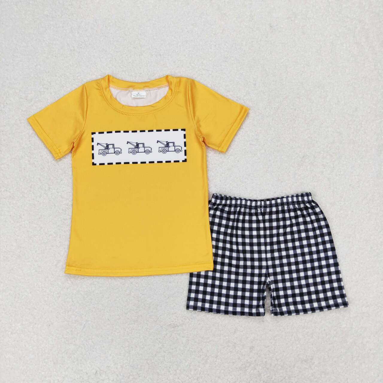 BSSO0820 Construction Yellow Top Plaid Shorts Boys Summer Clothes Set