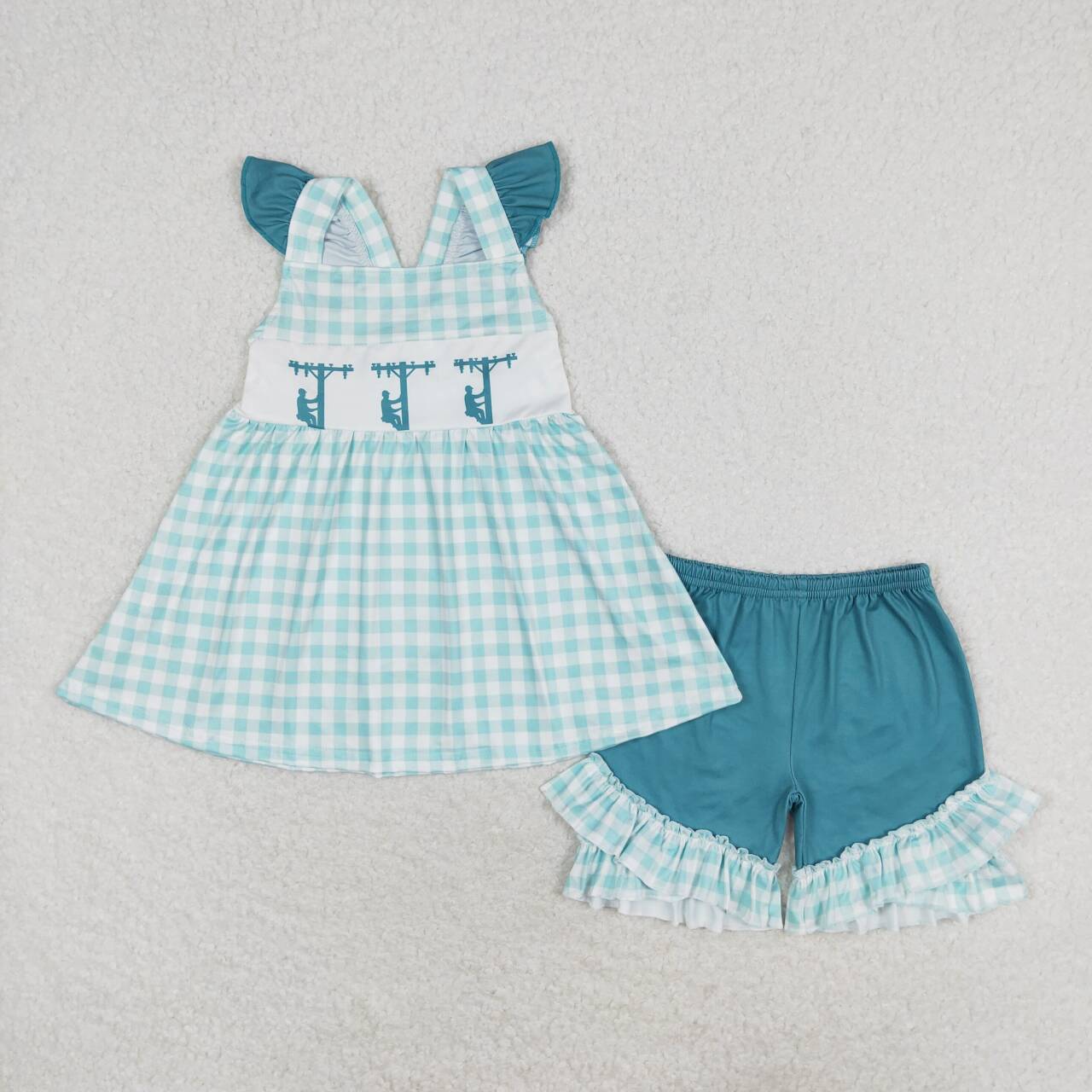 GSSO0847 Line Workers Tunic Top Plaid Shorts Girls Summer Clothes Set