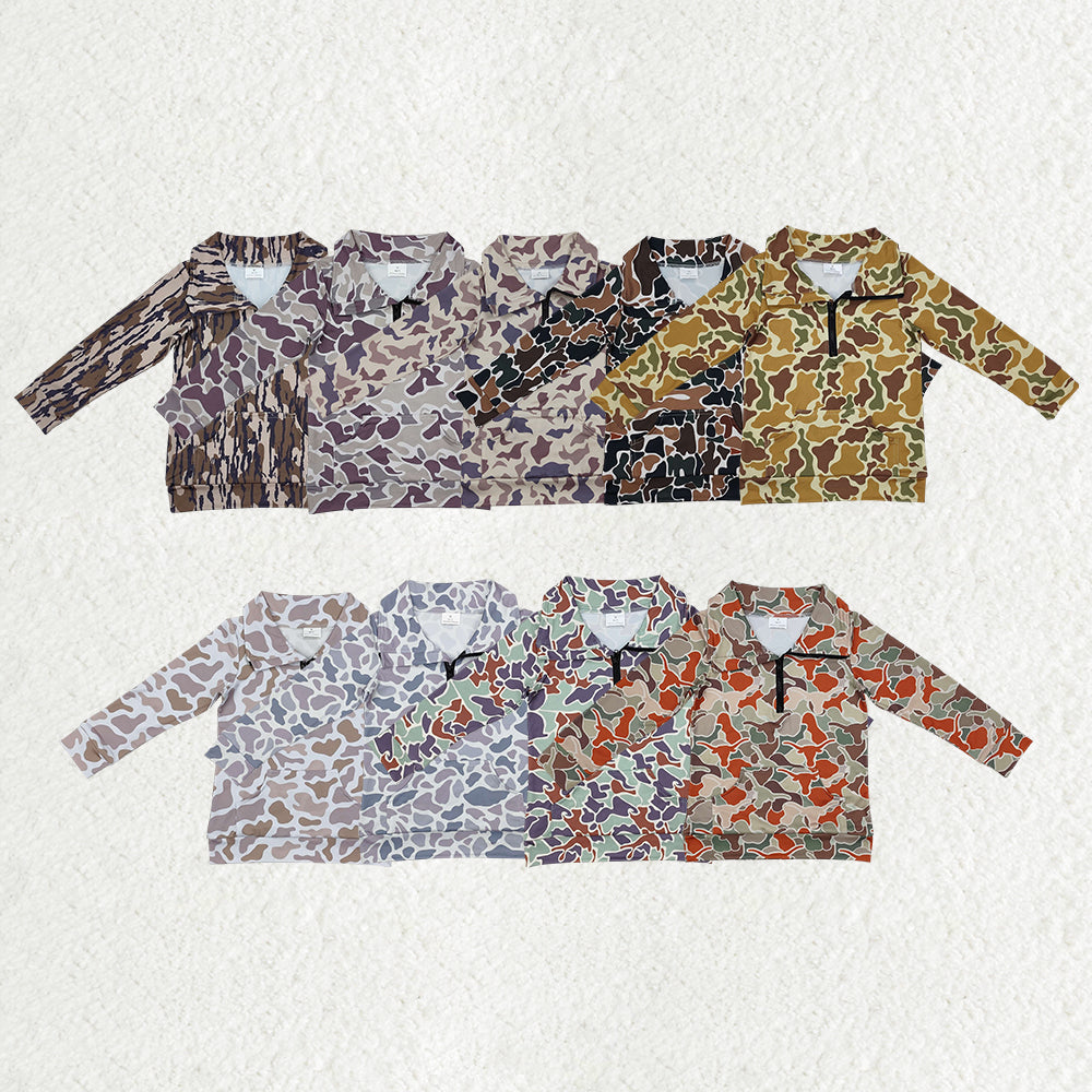 Camo Print Pocket Boys Hunting Zipper Pullover Tee Shirts Top Brothers Wear
