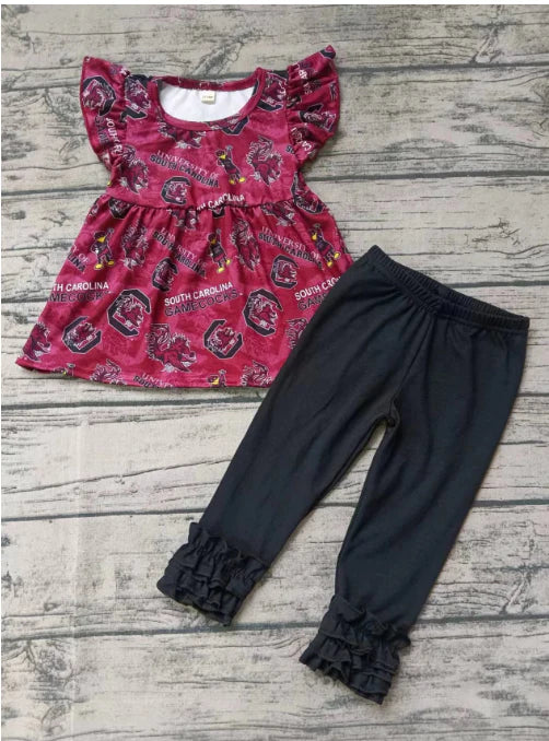 (Custom Design Preorder MOQ 5) Team's Gamecock Tunic Top Black Pants Girls Clothes Set