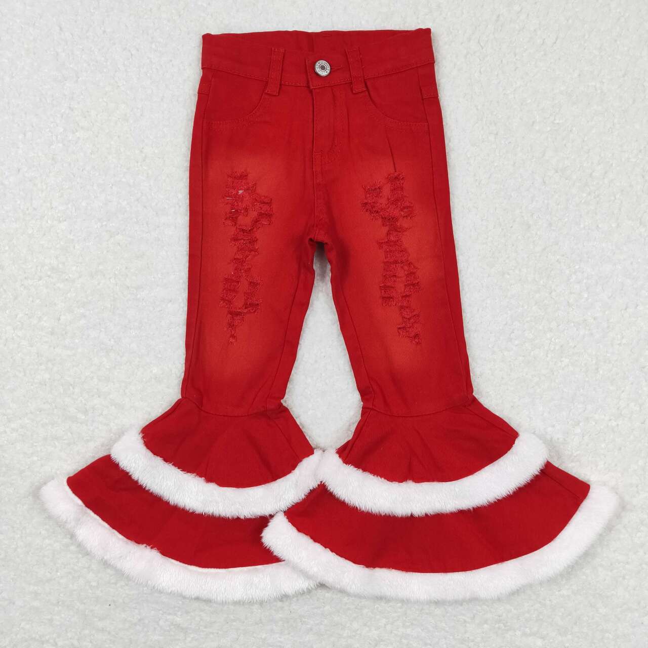 P0334 Red Denim Sherpa Ruffles Bell Bottom Jeans Christmas Pants