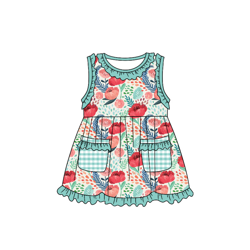 (Custom Design Preorder MOQ 5) Green Flowers Print Pockets Girls Knee Length Summer Dress