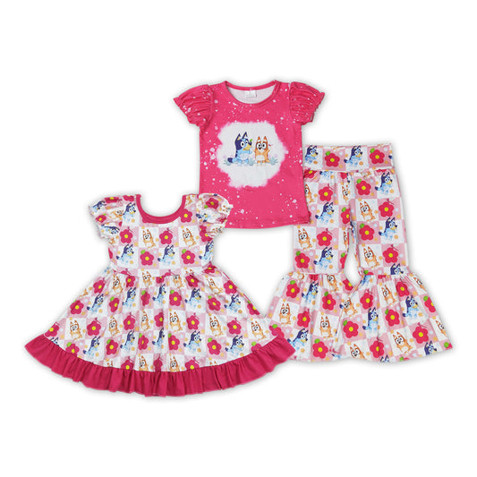 Flowers Cartoon Dog Print Sisters Matching Clothes