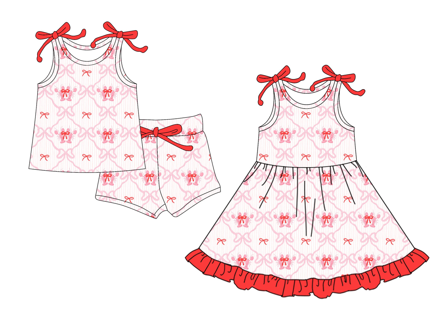 12.8 (Custom Design Preorder MOQ 5 Each Design) Crayfish Bows Print Girls Summer Matching Clothes Sisters Wear