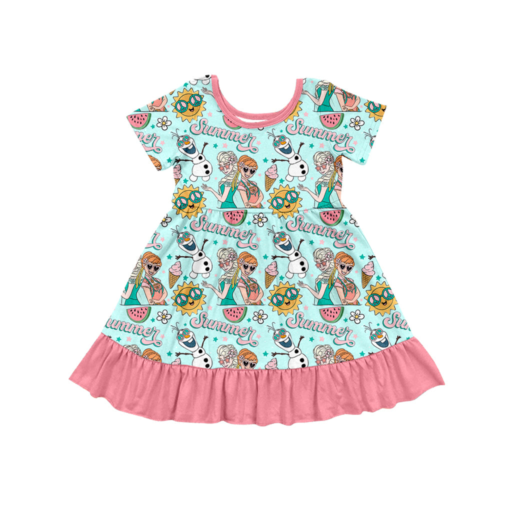(Custom Design Preorder MOQ 5) Cartoon Princess Print Girls Summer Knee Length Dress
