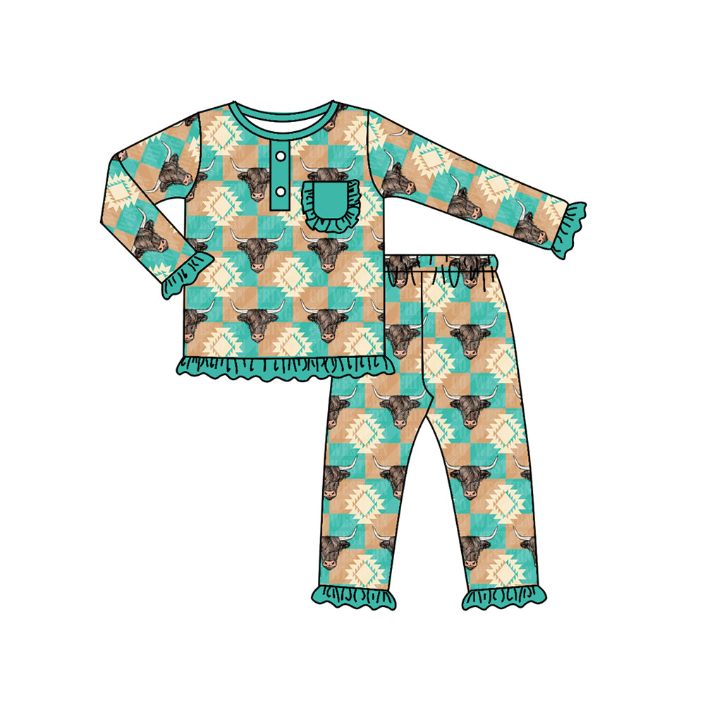 (Custom Design Preorder MOQ 5) Green Highland Cow Aztec Print Girls Pajamas Clothes Set