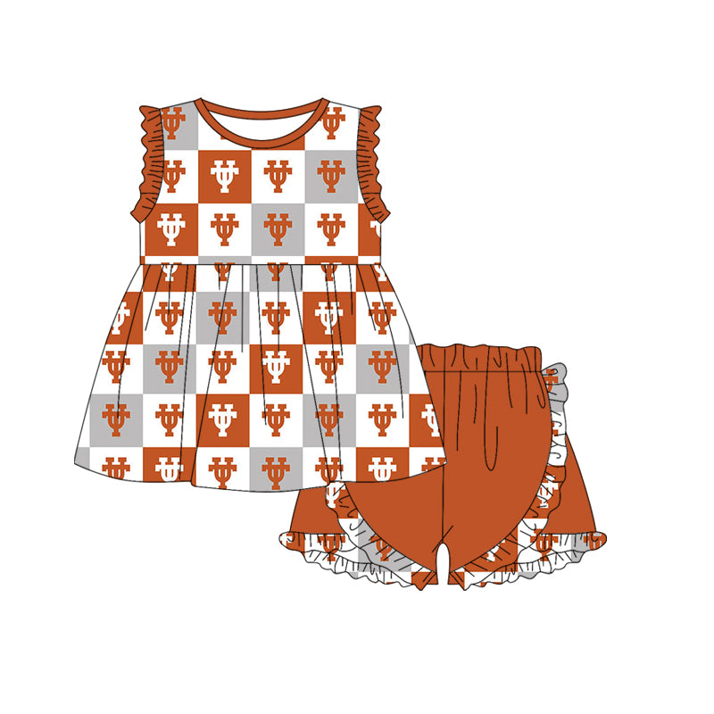 (Custom Design Preorder MOQ 5) Team's Texas Longhorns Plaid Print Girls Summer Clothes Set