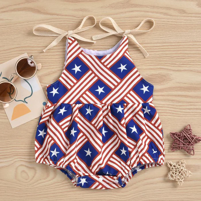 (Custom Design Preorder MOQ 5) Stars Print Baby Girls 4th of July Romper