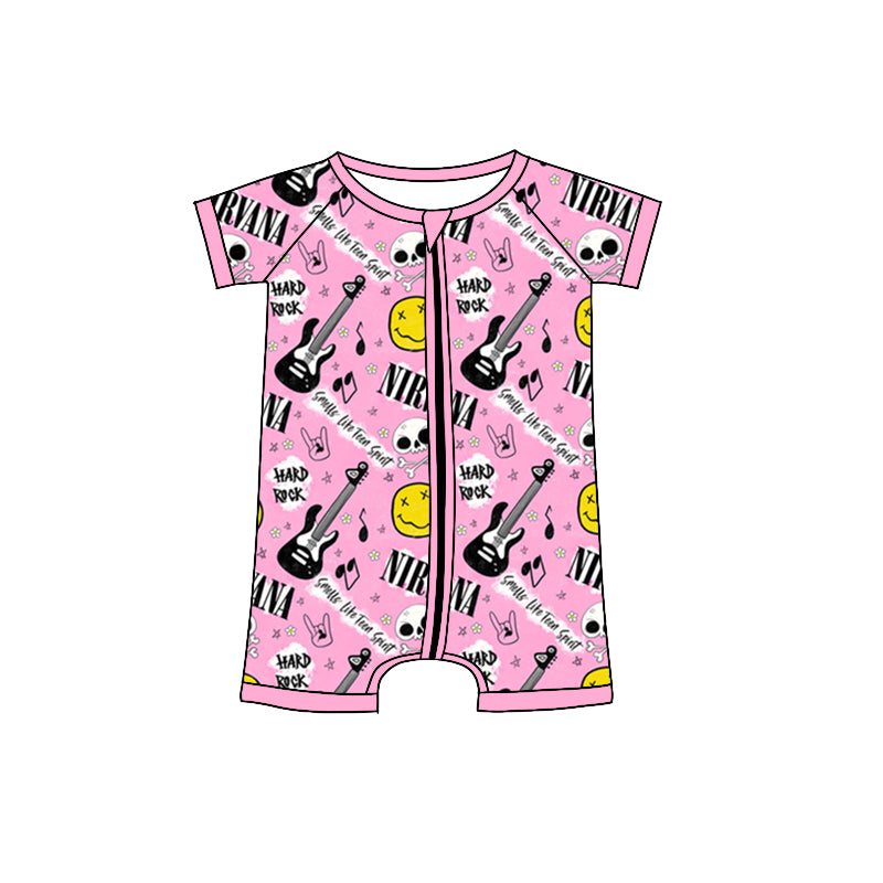 (Custom Design Preorder MOQ 5) NIRVANA Guitar Music Print Baby Girls Zipper Romper