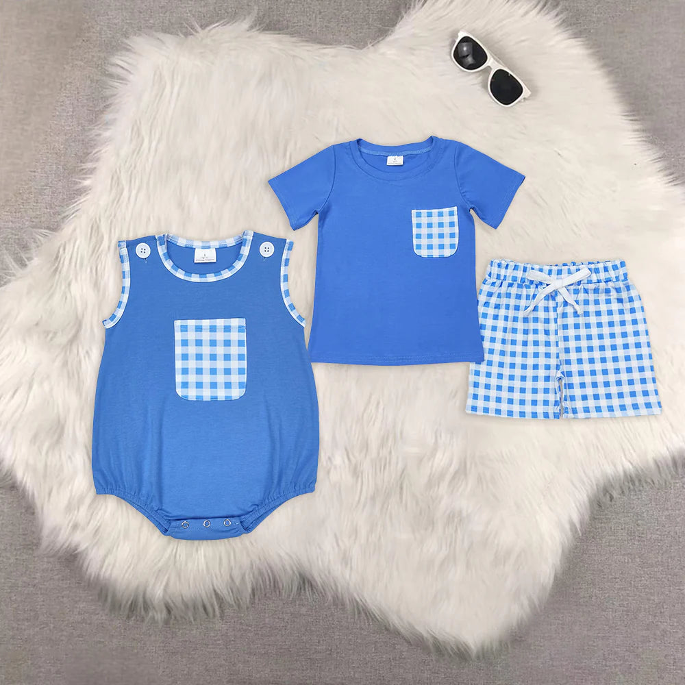 Blue Plaid Print Brothers Summer Matching Clothes