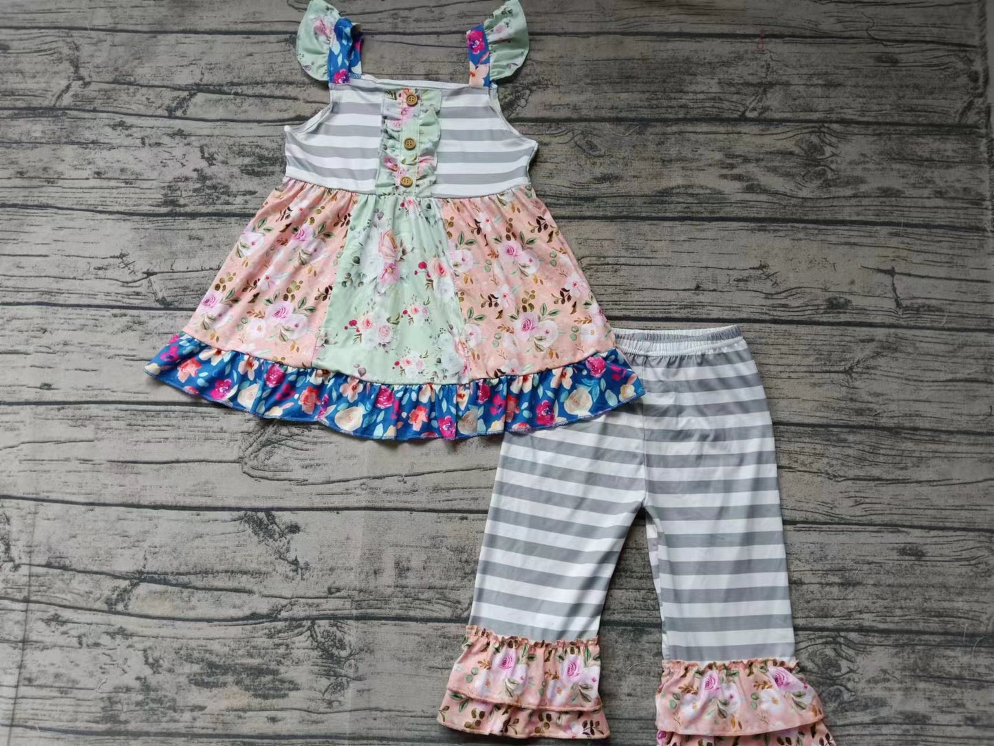 (Custom Design Preorder MOQ 5) Flowers Tunic Top Ruffle Pants Girls Clothes Set