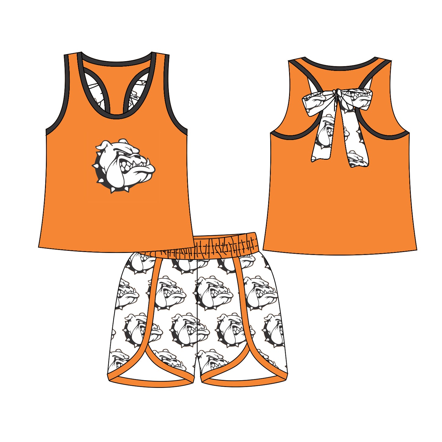 3.13(Custom Design Preorder MOQ 5) Team's Mascot Orange Top Shorts Girls Summer Clothes Set