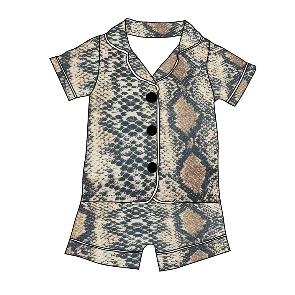 (Custom Design Preorder MOQ 5) Snake Pattern Print Girls Summer Buttons Pajamas Clothes Set