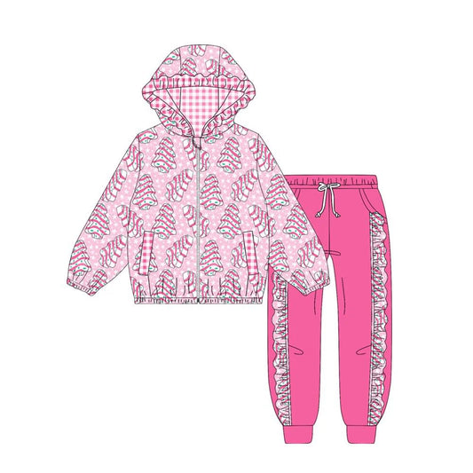 (Custom Design Preorder MOQ 5) Debbie Cake Pink Print Hoodie Zipper Top Pockets Pants Girls Christmas Clothes Set
