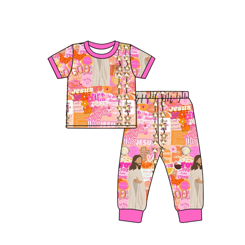 (Custom Design Preorder MOQ 20) Jesus Pink Print Kids Fall Bamboo Pajamas Clothes Set