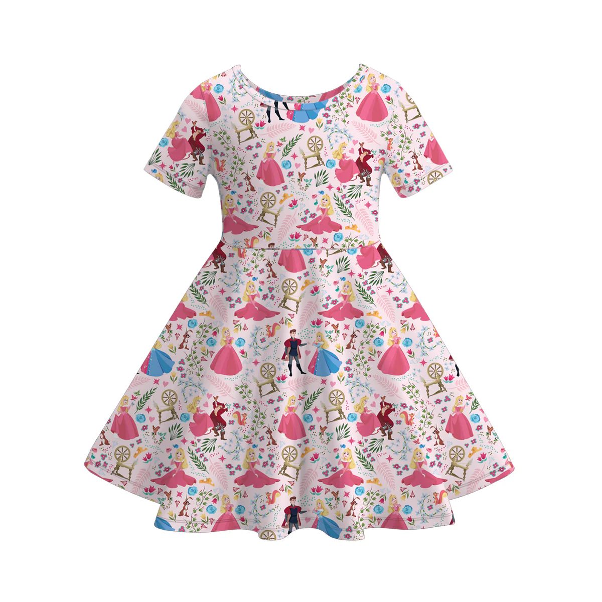 (Custom Design Preorder MOQ 5) Cartoon Princess Flowers Print Girls Summer Knee Length Dress