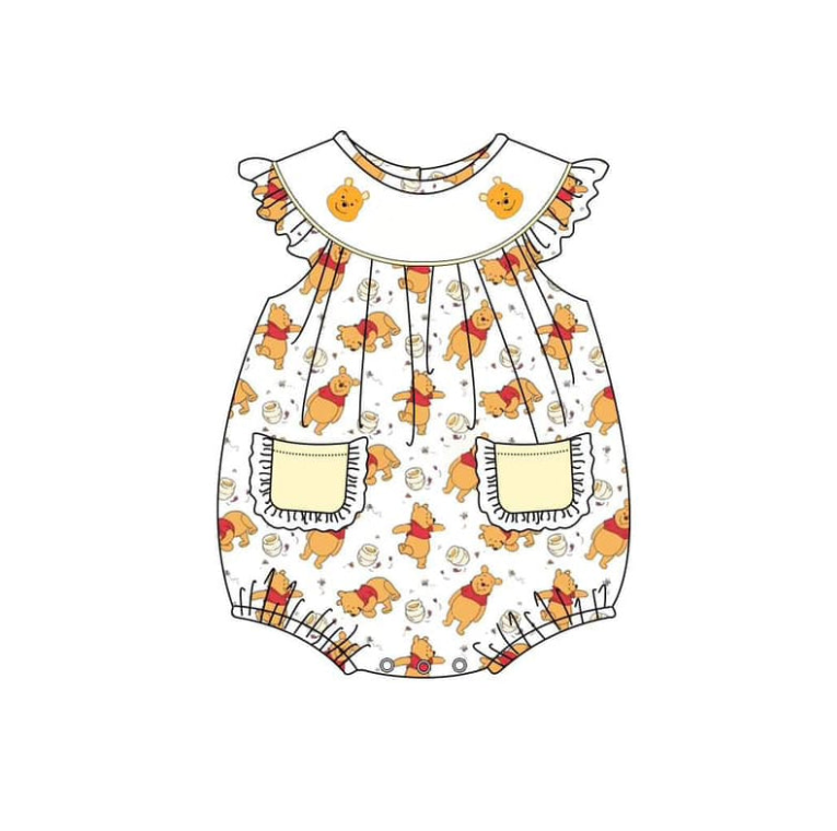 (Custom Design Preorder MOQ 5) Cartoon Bear Print Baby Girls Summer Romper