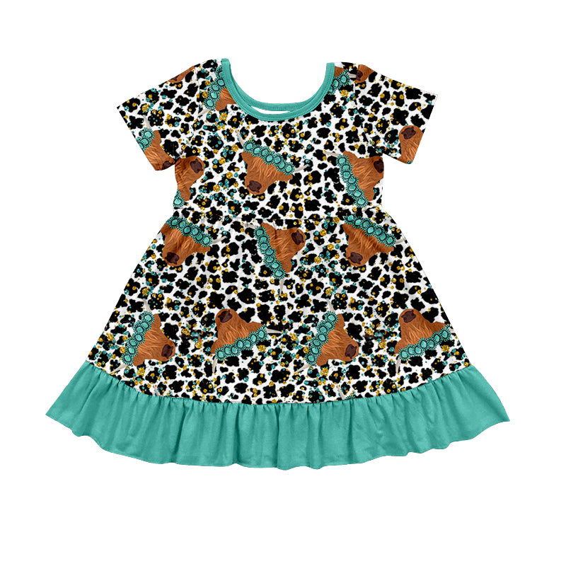 (Custom Design Preorder MOQ 5) Highland Cow Turquoise Leopard Print Girls Western Knee Length Dress