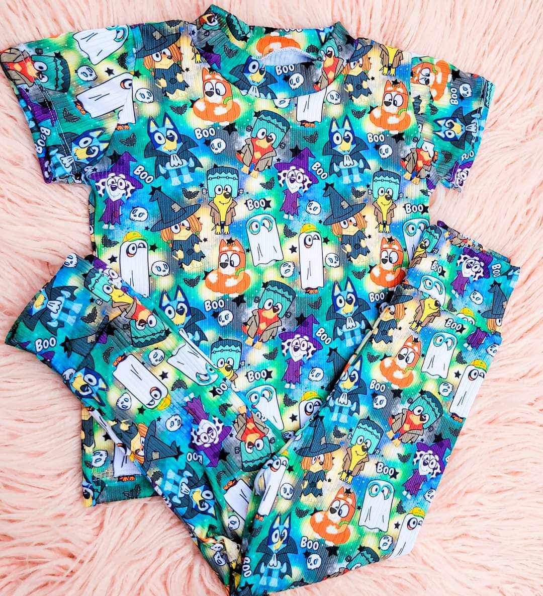 (Custom Design Preorder MOQ 20) Cartoon Dog Print Boys Halloween Pajamas Bamboo Clothes Set