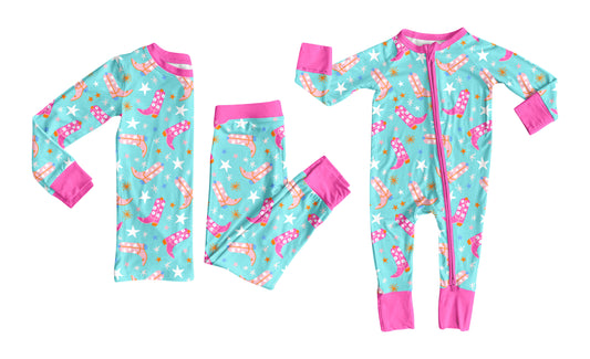 8.1 (Custom Design Preorder MOQ 5 Each Design) Boots Flowers Stars Print Girls Wstern Pajamas Matching Clothes Sisters Wear