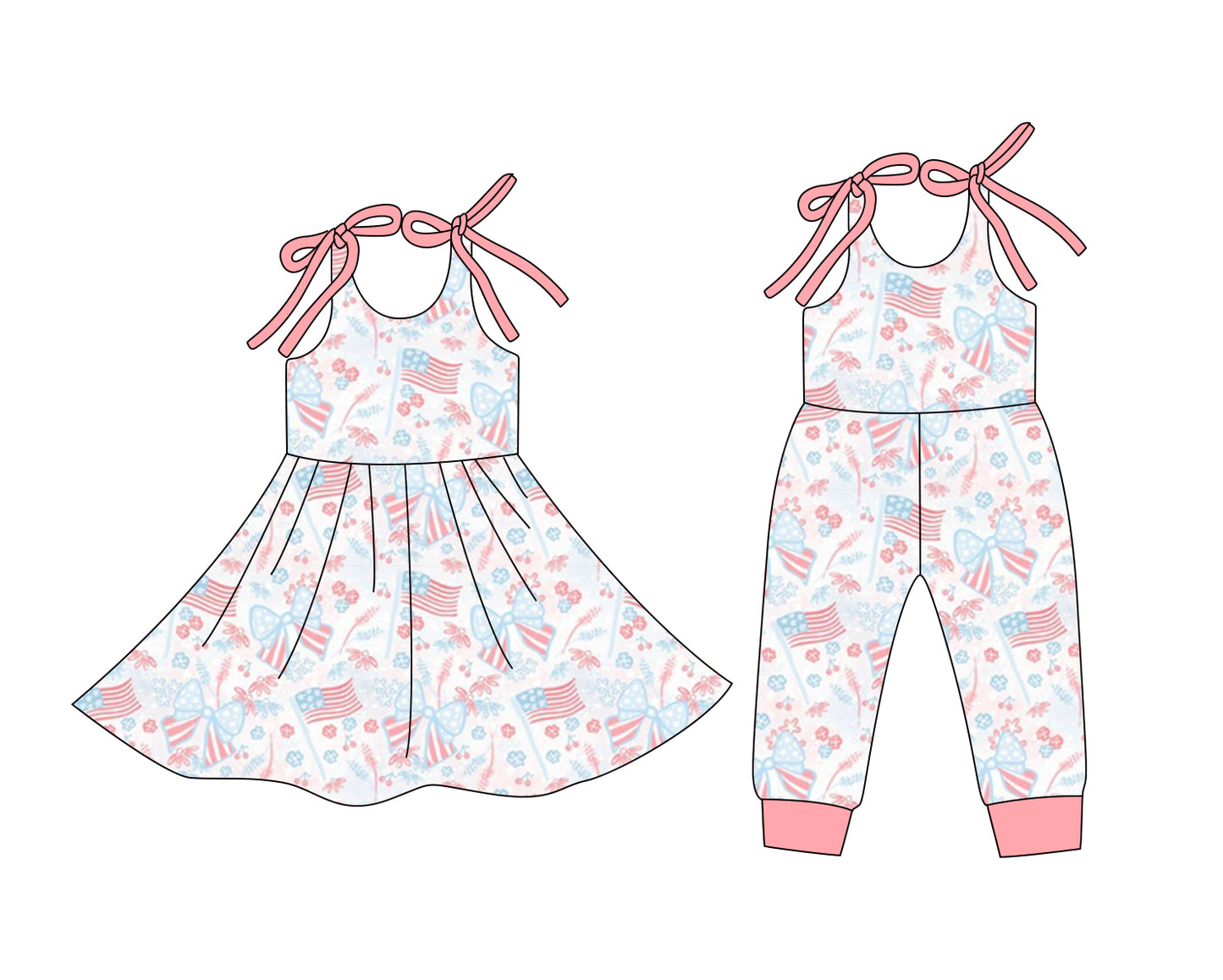 12.24 (Custom Design Preorder MOQ 5 Each Design) Flag Flowers Bows Print Girls 4th of July Matching Clothes Sisters Wear