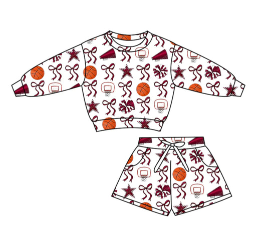 (Custom Design Preorder MOQ 5) Go Team Cheer Basketball Bows Long Sleeve Top Pockets Shorts Girls Clothes Set