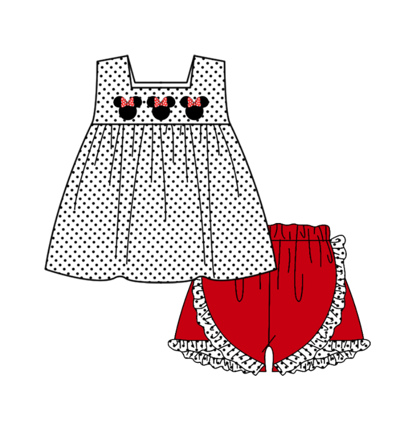 (Custom Design Preorder MOQ 5) Cartoon Mouse Tunic Top Ruffle Shorts Girls Summer Clothes Set