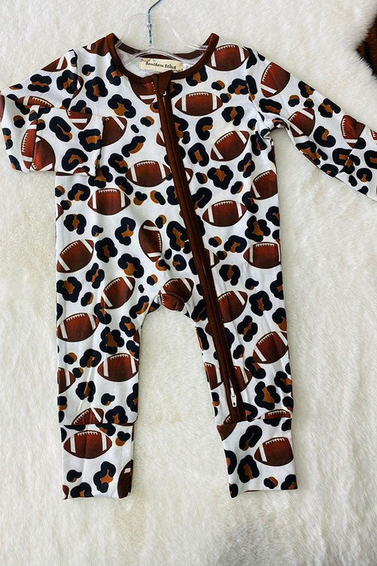 (Custom Design Preorder MOQ 20)  Football Leopard Brown Print Baby Long Sleeve Bamboo Sleeper Zipper Romper