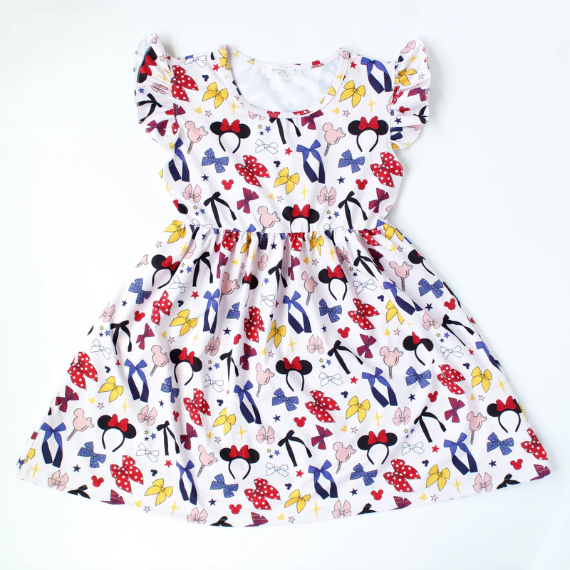 (Custom Design Preorder MOQ 5) Colorful Bows Cartoon Mouse Print Girls Summer Knee Length Dress