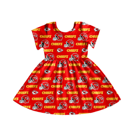 (Custom Design Preorder MOQ 5) Team's KC Chiefs Red Print Girls Summer Knee Length Dress