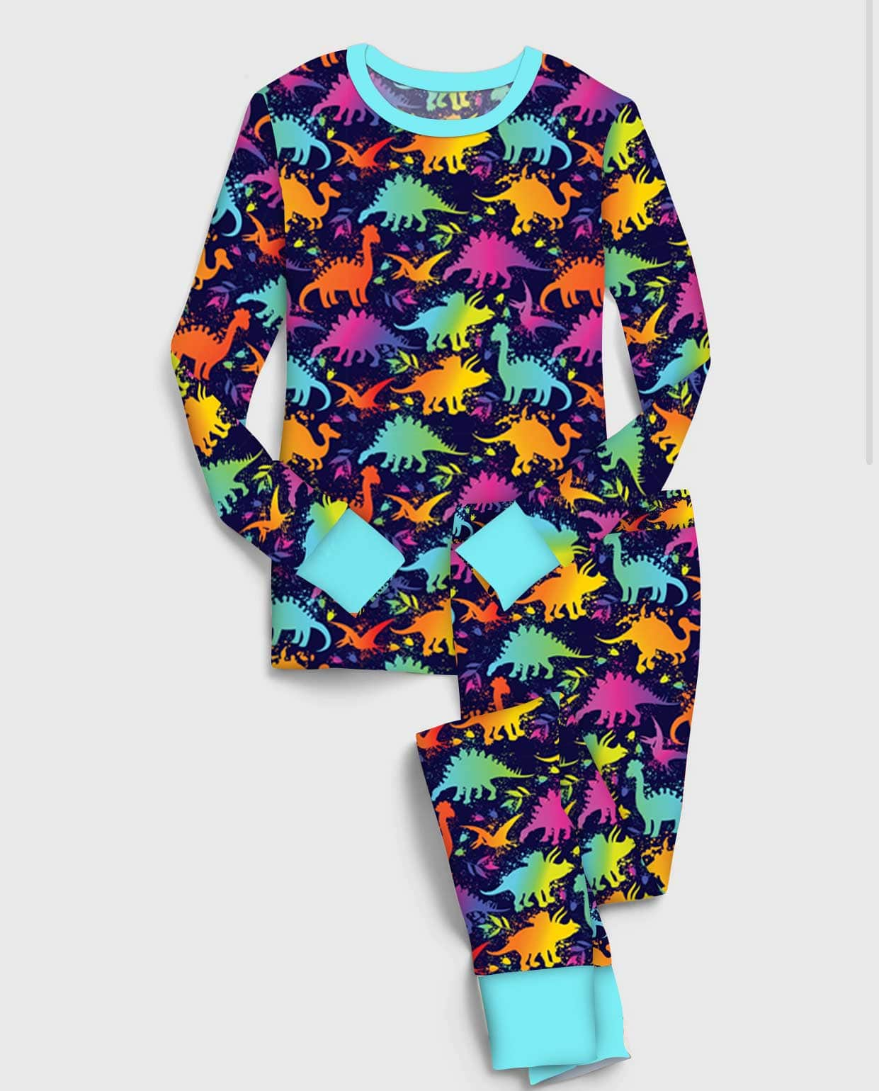 (Custom Design Preorder MOQ 5) Colorful Dino Print Girls Pajamas Clothes Set