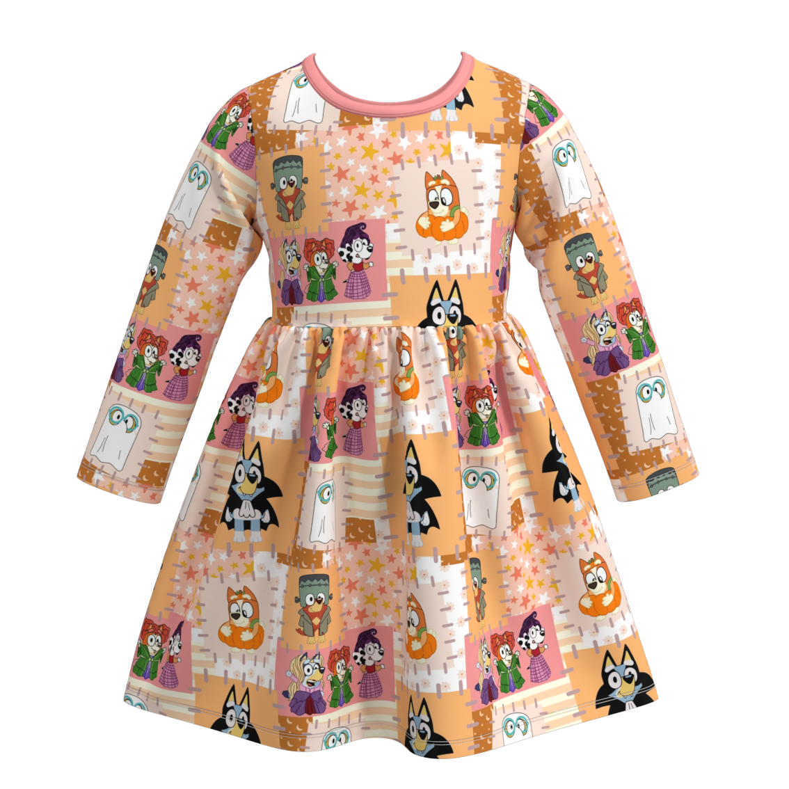 (Custom Design Preorder MOQ 5) Cartoon Dog Pumpkin Print Girls Knee Length Halloween Dress