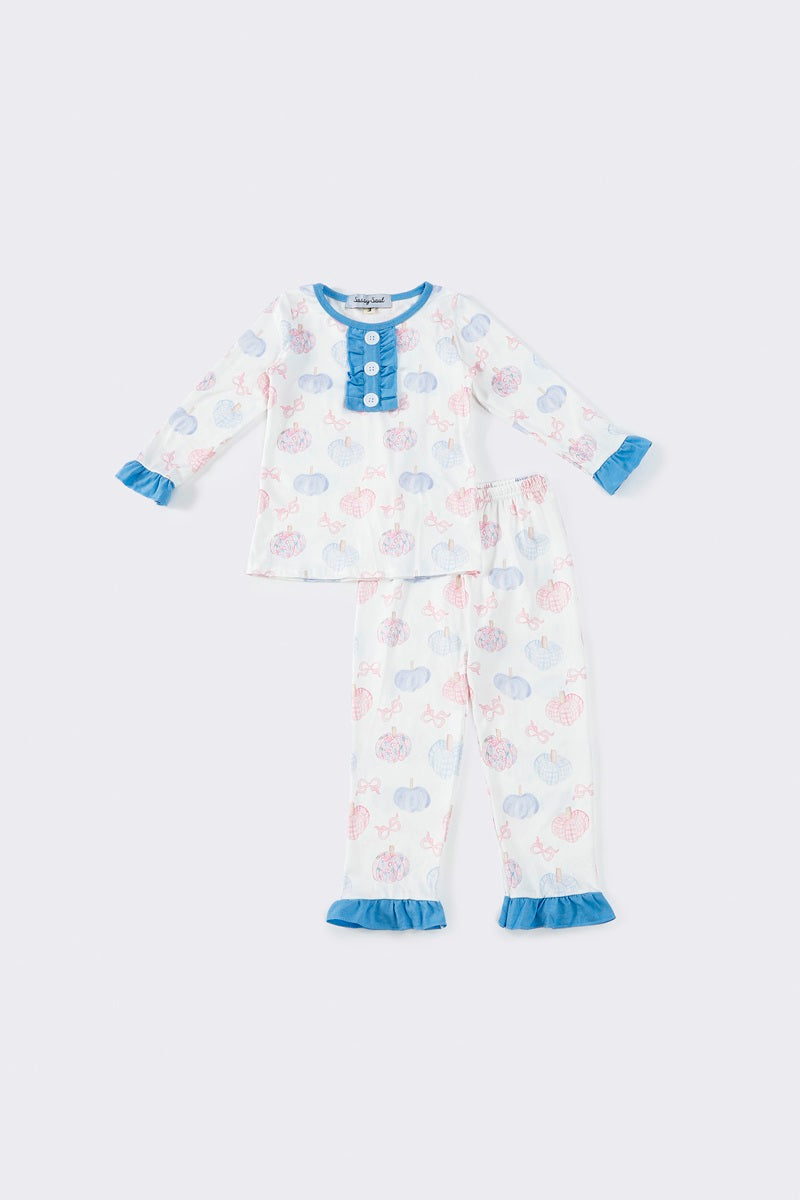 (Custom Design Preorder MOQ 20) Pumpkin Bows Blue Print Girls Fall Bamboo Pajamas Clothes Set