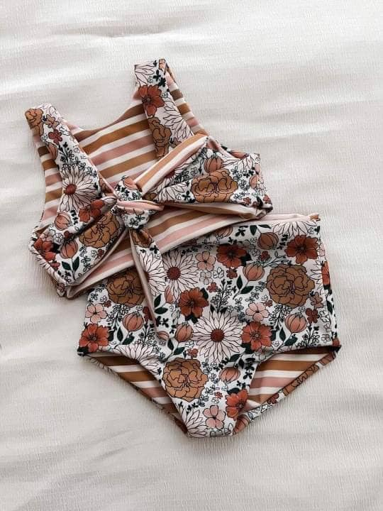 (Custom Design Preorder MOQ 5) Flowers Stripes Print Girls 2 Pieces Swimsuits