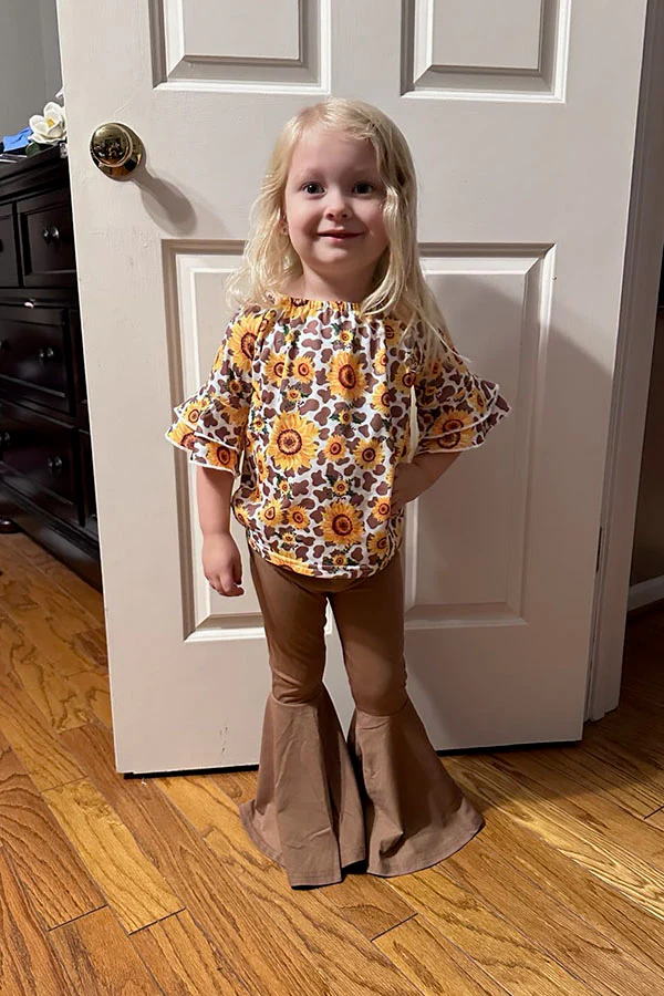 (Custom Design Preorder MOQ 5) Sunflowers Leopard Top Brown Bell Pants Girls Clothes Set