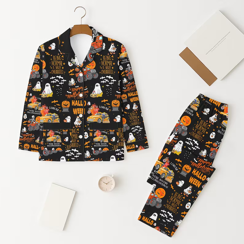 (Custom Design Preorder MOQ 5 Each Design) Trucks Pumpkin Ghost Print Pajamas Outfits Mom and Me Halloween Matching Clothes
