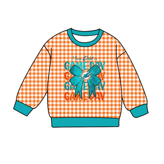 (Custom Design Preorder MOQ 5 Each Item) Team's Miami Dolphins GAME DAY Plaid Print Long Sleeve Tee Shirts Top Mom and Me Matching Clothes