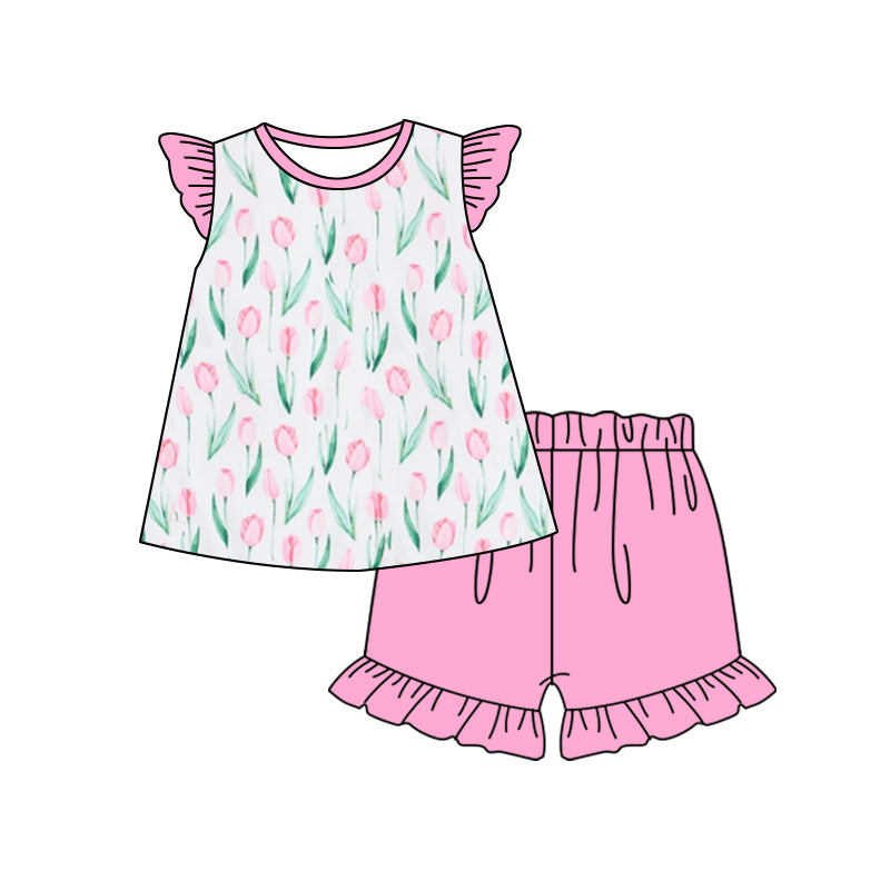(Custom Design Preorder MOQ 5) Flowers Top Ruffle Shorts Girls Summer Flutter Sleeve Clothes Set