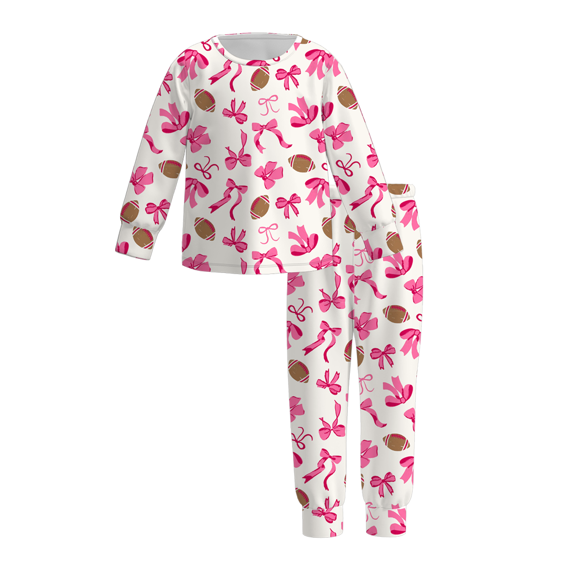 (Custom Design Preorder MOQ 5) Hotpink Bows Football Print Girls Fall Pajamas Clothes Set