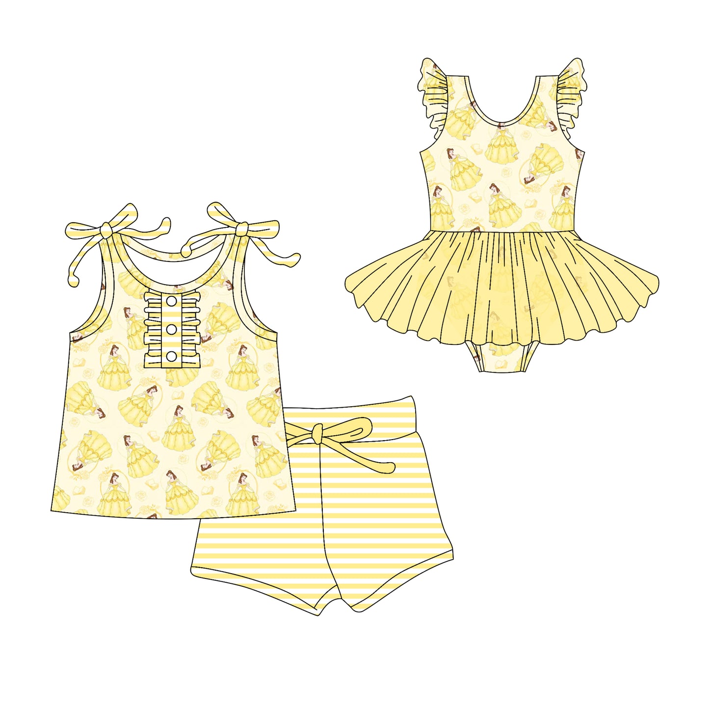 3.10(Custom Design Preorder MOQ 5 Each Design) Cartoon Princess Yellow Print Girls Summer Matching Clothes Sisters Wear