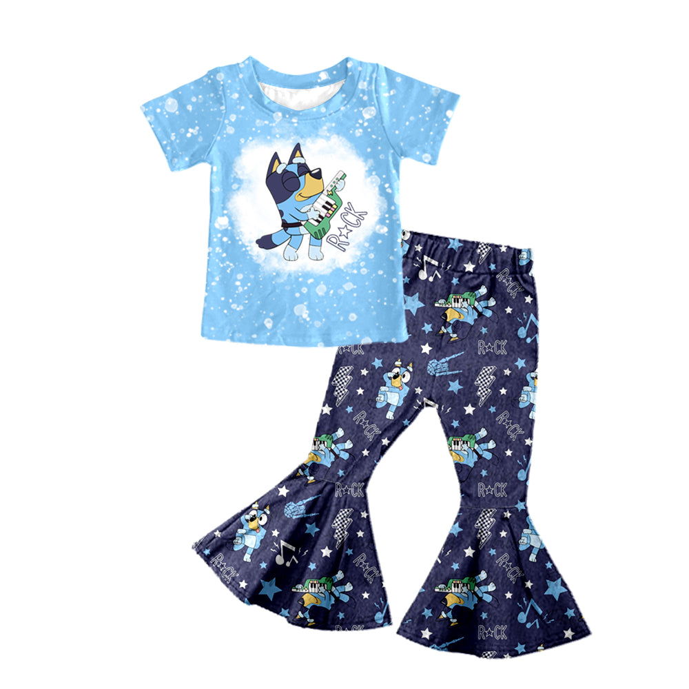(Custom Design Preorder MOQ 5) Cartoon Dog Blue Rock Print Bell Pants Girls Clothes Set