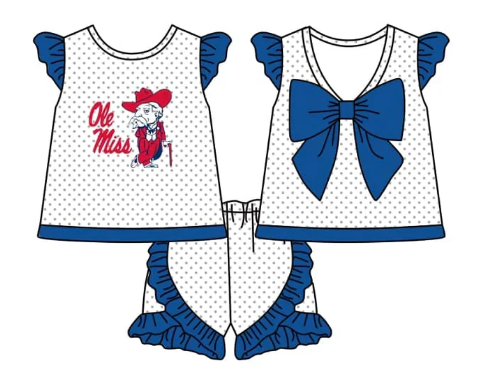 (Custom Design Preorder MOQ 5) Team's Ole Miss Top Dots Shorts Girls Summer Clothes Set