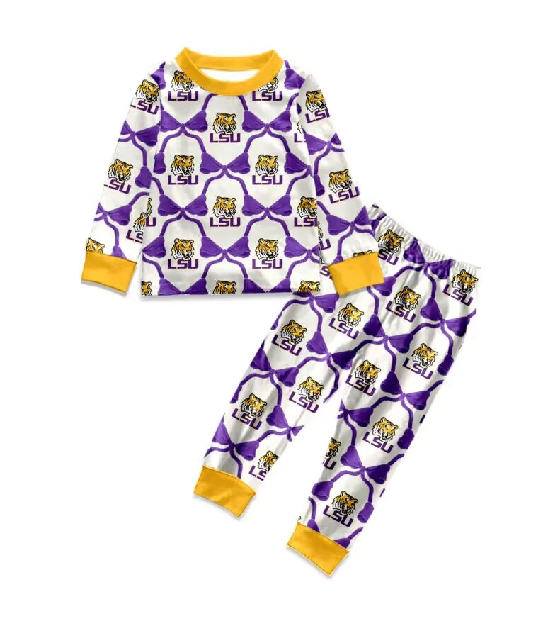 (Custom Design Preorder MOQ 20) Team's LSU Tigers Print Boys Fall Bamboo Pajamas Clothes Set