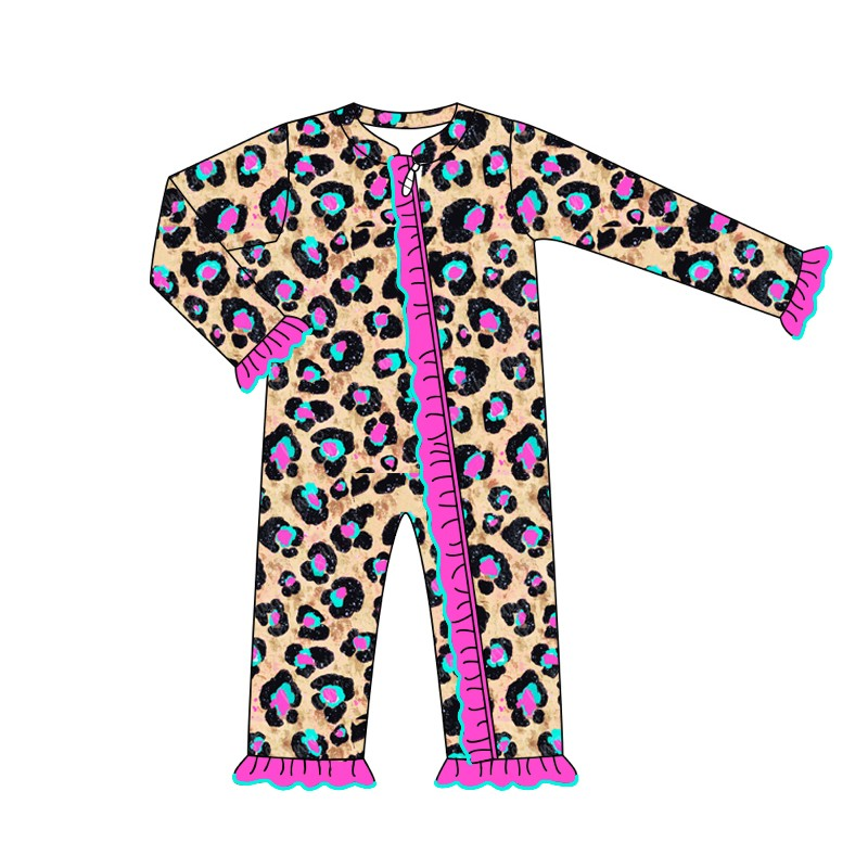 (Custom Design Preorder MOQ 5) Hot Pink Leopard Print Baby Girls Sleeper Zipper Romper