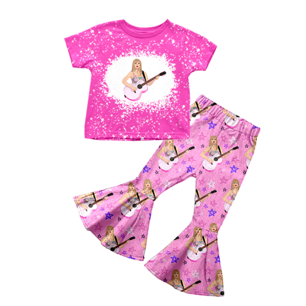(Custom Design MOQ 5)NO.2 Pink Singer Design Bell Pants Girls Clothes Set